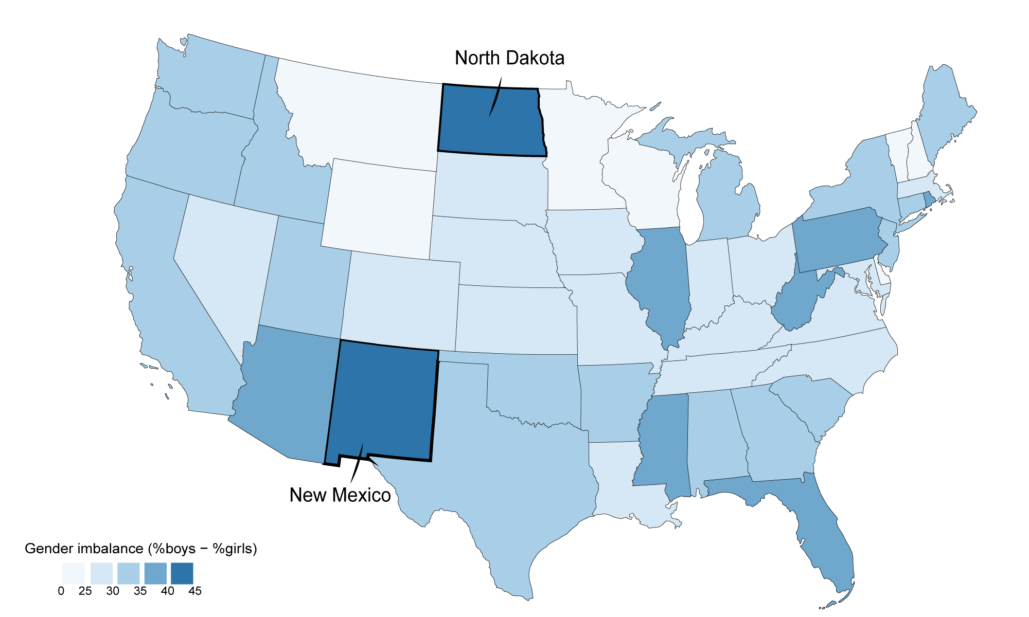 Choropleth map: gender imbalance among unaccompanied migrant children by state
